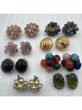 Lot Of 8 Pairs Vintage Clip On Earrings Beaded Rhinestones Costume Jewelry